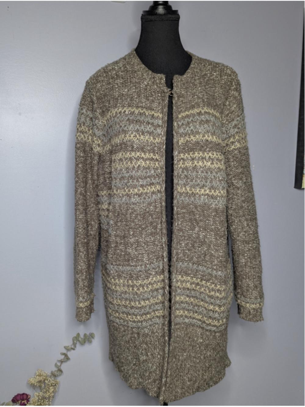 Northern Reflections Brown Knit Long Open Front Cardigan Geometric Accent Large